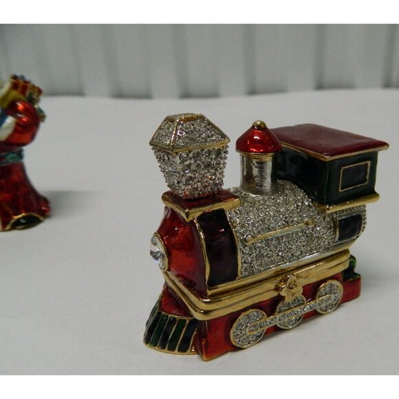Santa Claus & Train Figurine Hinged Trinket Boxes Enamel Rhinestone Accents - Picture 10 of 15